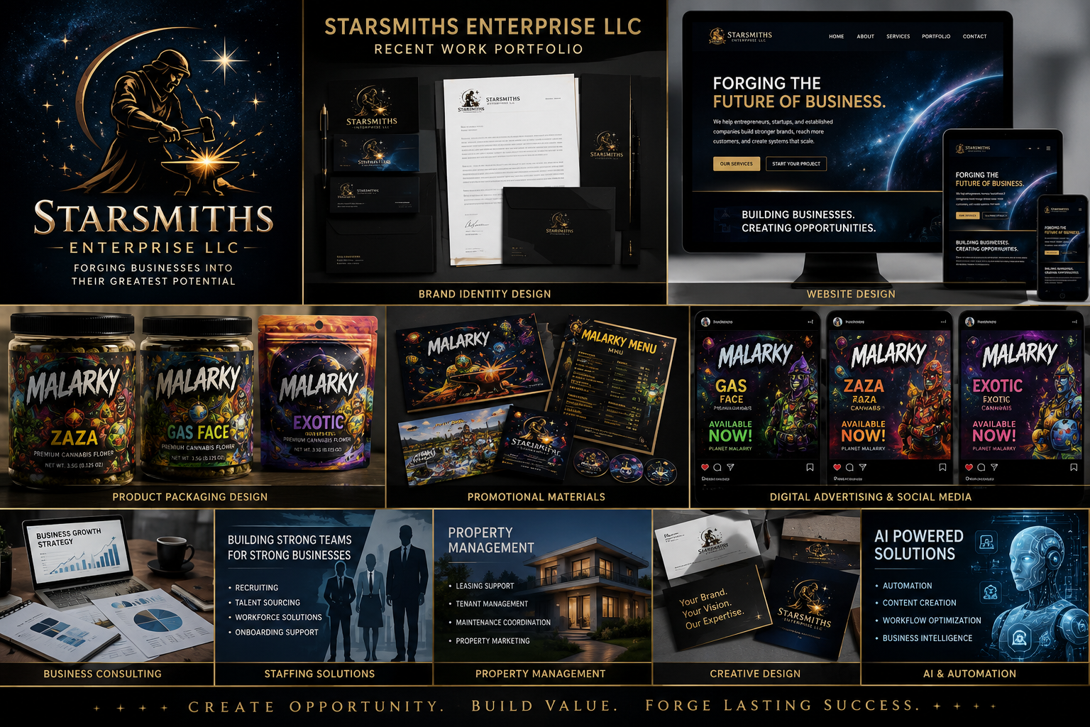 StarSmiths Enterprise LLC — Recent Work Portfolio showcasing brand identity, website design, product packaging, promotional materials, and business services